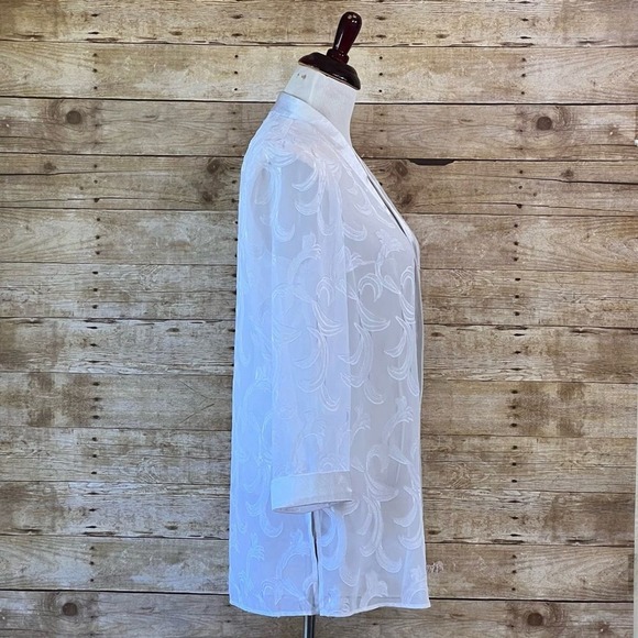 Dana Kay Womens White Sheer Burnout Scroll Open Front Jacket Satin Trim 14W 5149 - Picture 5 of 7